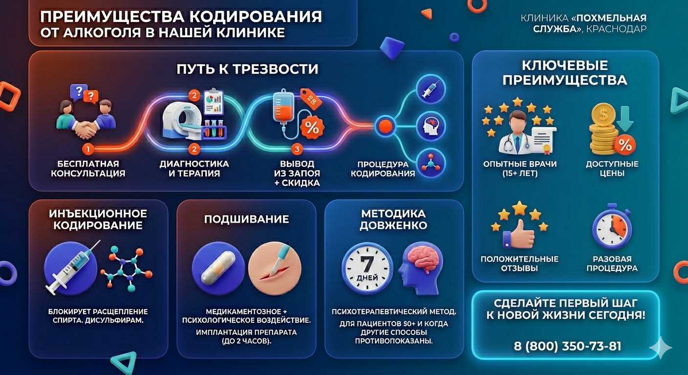Инфографика о методах кодирования от алкоголя в Городовиковске: инъекции, подшивание, метод Довженко. Преимущества клиники и этапы лечения.