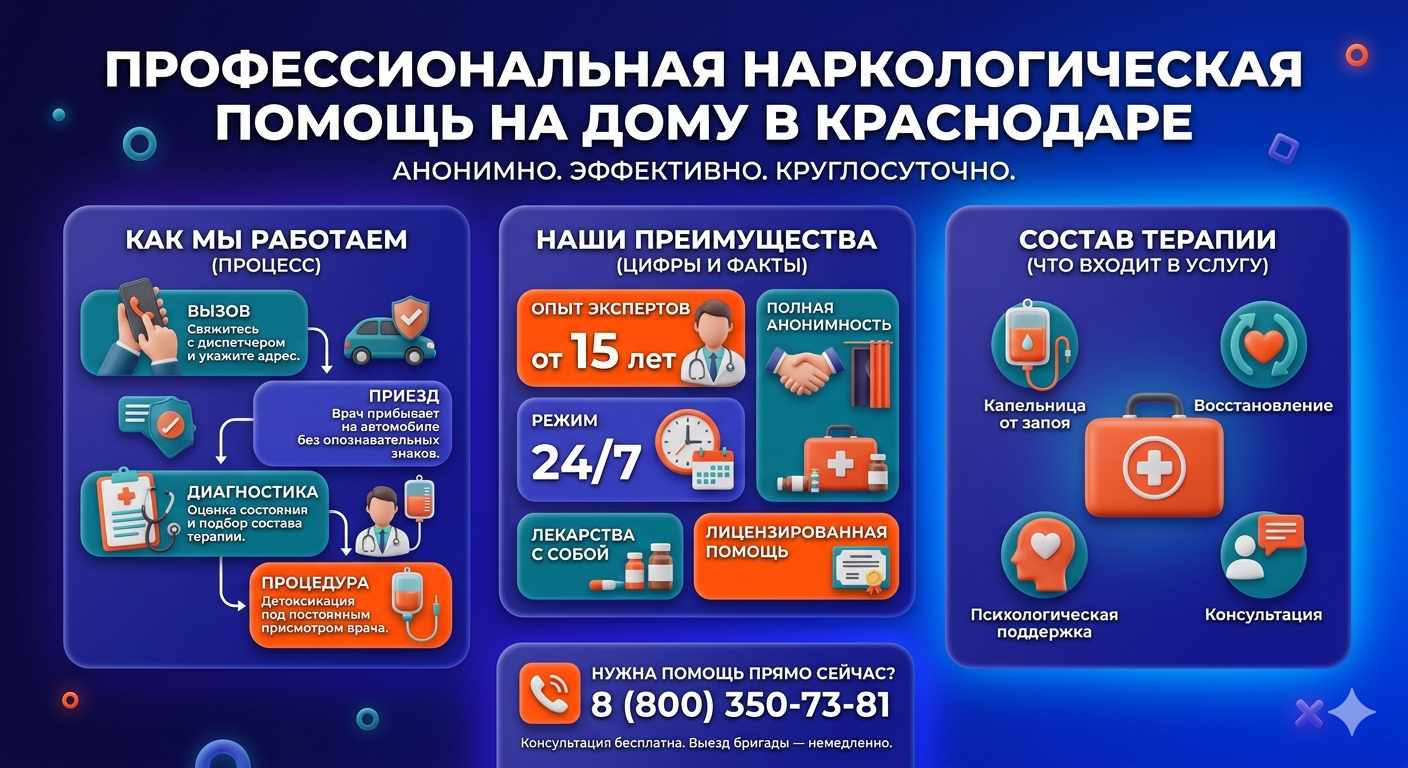 Инфографика о принципах лечения алкоголизма на дому в Городовиковске: этапы вызова нарколога, преимущества анонимной детоксикации и состав медицинской помощи.